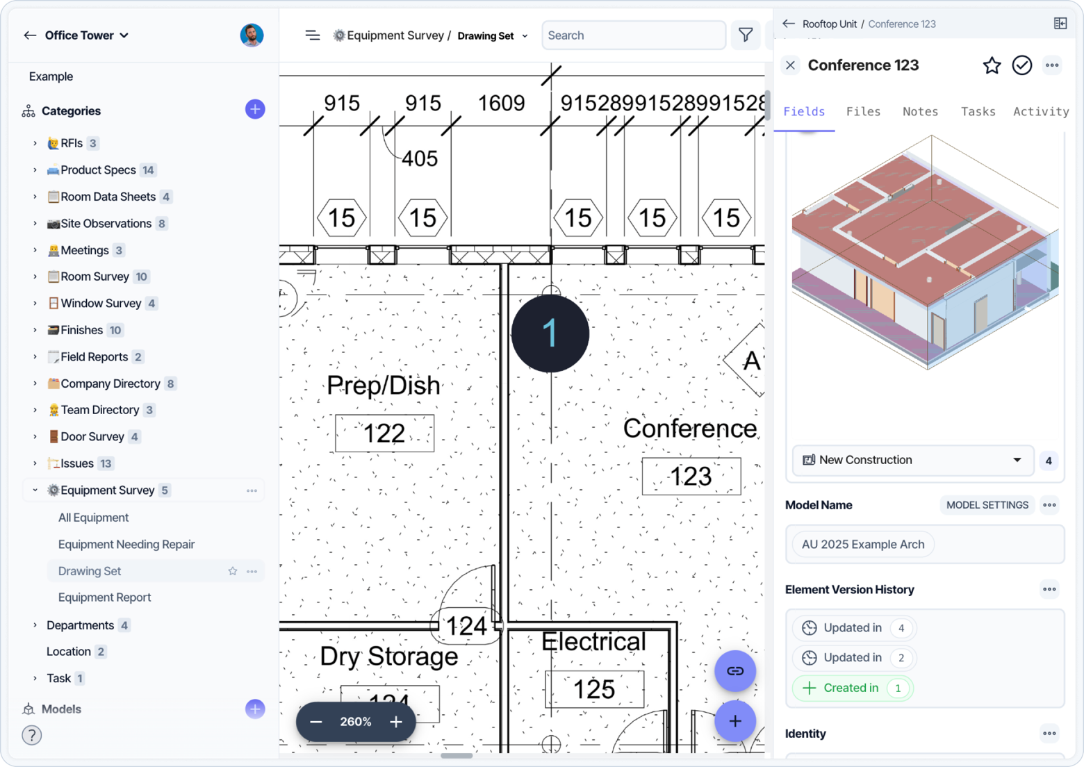 An equipment survey connected to a floor plan and 3D room model in Layer